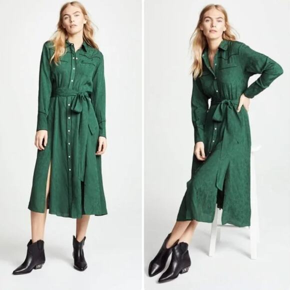 Veronica Beard Spur Western Silk Tie Midi Dress in Green Womens Size 8 - Picture 1 of 15